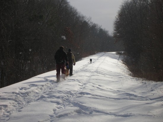 Snowshoeing along railroad tracks near the St. Croix River
